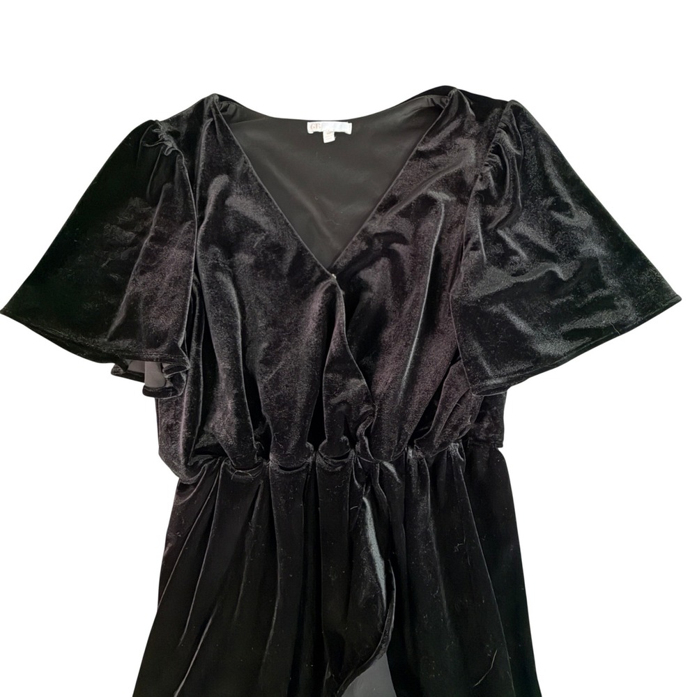 Black Velvet Flutter Sleeve Ruffle Hem‎ Mini Dress Tie WaistSize S KDR112327-D - Picture 5 of 6